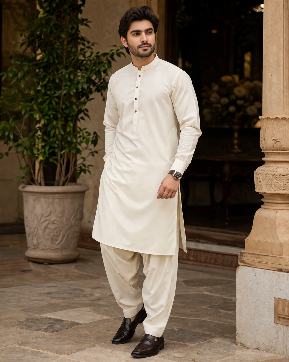 off white shalwar kameez gold button