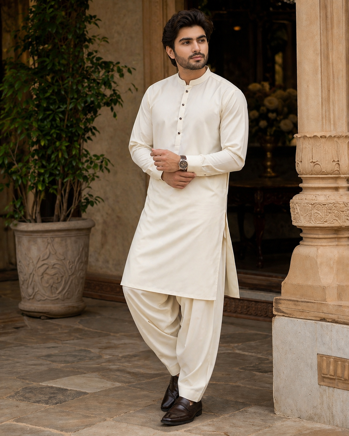 off white shalwar kameez gold button